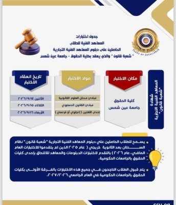اختبارات كليات الحقوق 2026.. الشروط والمواعيد الكاملة لطلاب تنسيق الدبلومات الفنية شعبة قانون