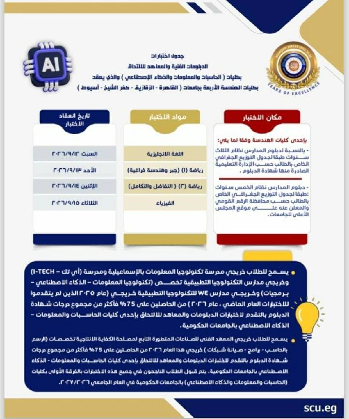تنسيق الدبلومات الفنية 2026.. مواعيد اختبارات كليات الحاسبات والذكاء الاصطناعي وشروط القبول