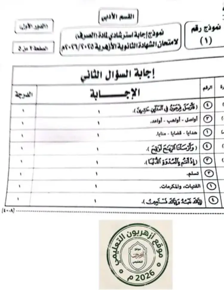 الإجابة الرسمية مادة الصرف القسم الأدبي 2026 تالتة ثانوي أزهر - منهج مجاني