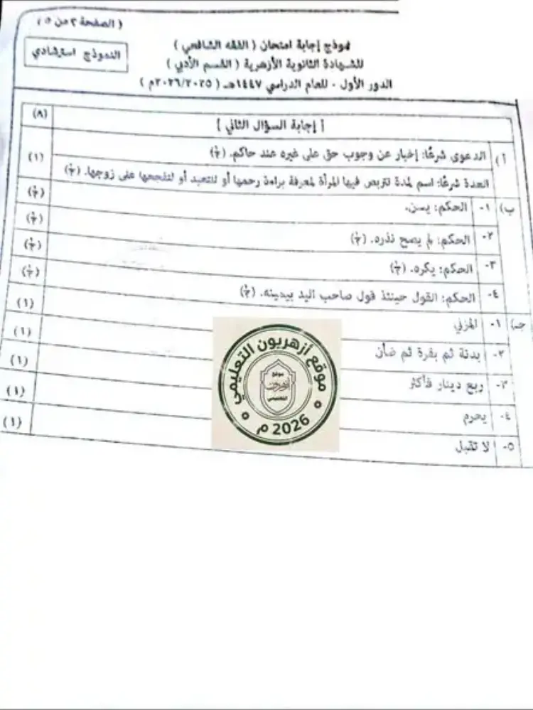 النموذج الرسمي إجابة مادة الفقه الشافعي القسم الادبي 2026 للثانوية الأزهرية - منهج مجاني