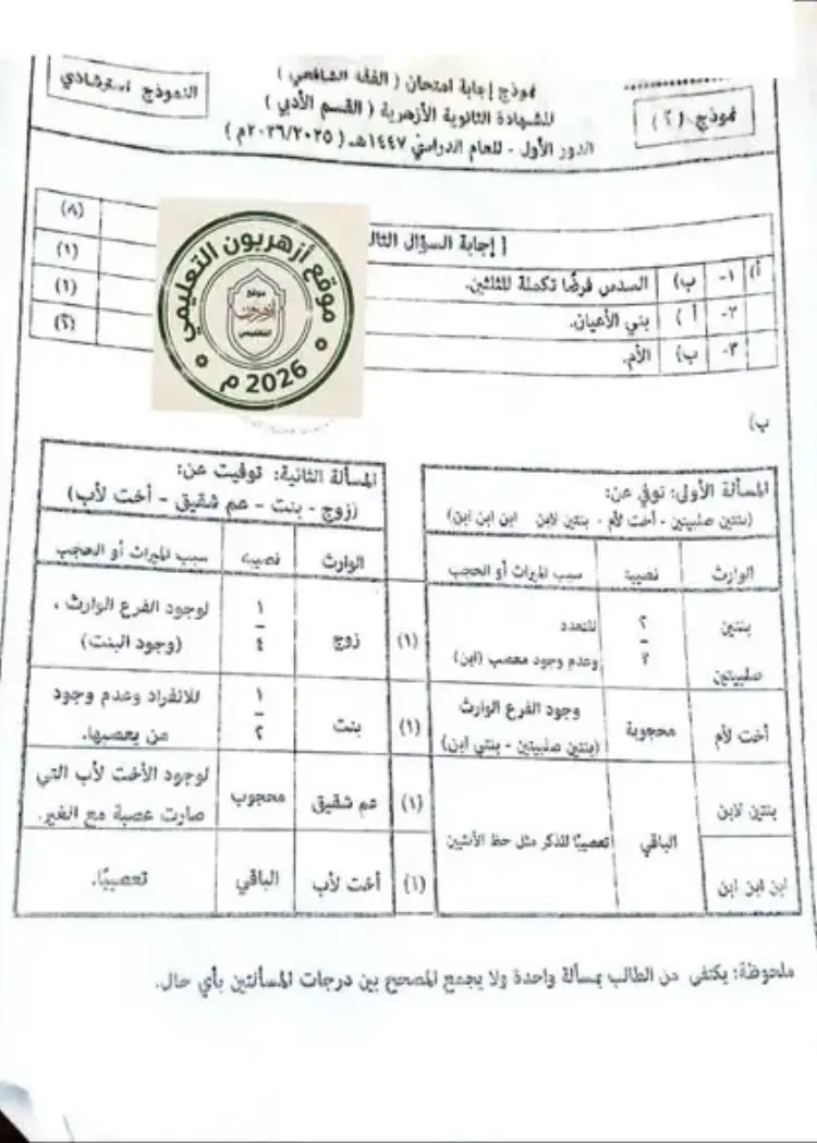 النموذج الرسمي إجابة مادة الفقه الشافعي القسم الادبي 2026 للثانوية الأزهرية - منهج مجاني