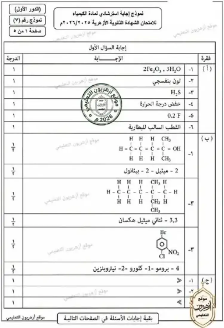 نموذج إجابة امتحان مادة الكيمياء 2026 ثانوية أزهرية الرسمي - منهج مجاني
