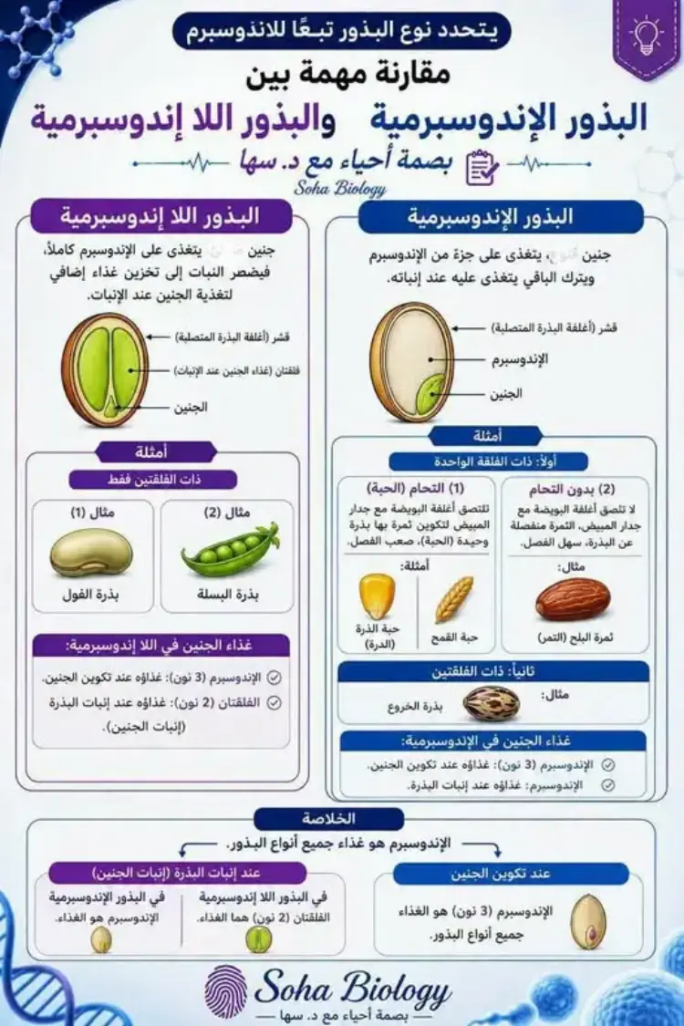 مقارنة البذور الإندوسبرمية واللا إندوسبرمية تالتة ثانوي أحياء 2026 - منهج مجاني
