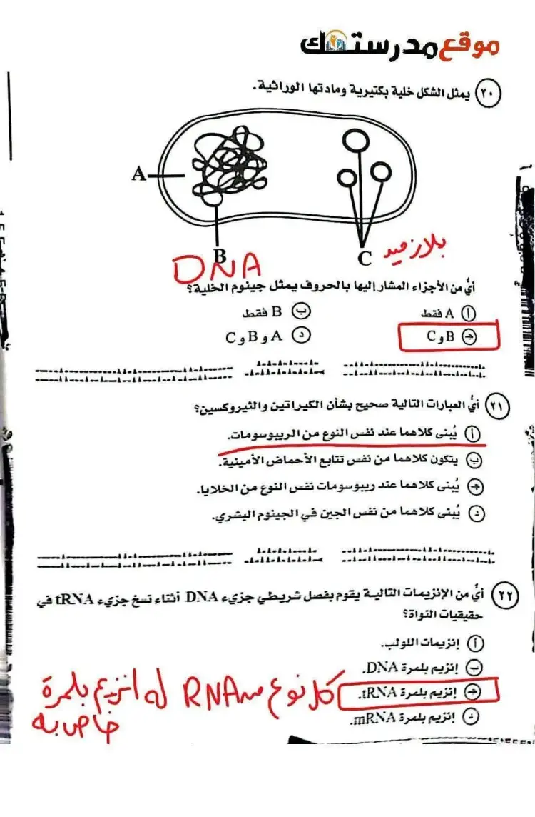 امتحان أحياء تالتة ثانوي 2026 المتوقع بالحل - منهج مجاني