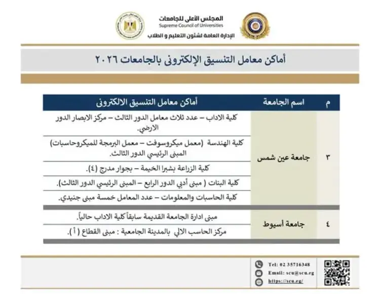 أماكن معامل التنسيق الإلكتروني بجامعات القاهرة وعين شمس والإسكندرية وأسيوط 2026 - منهج مجاني