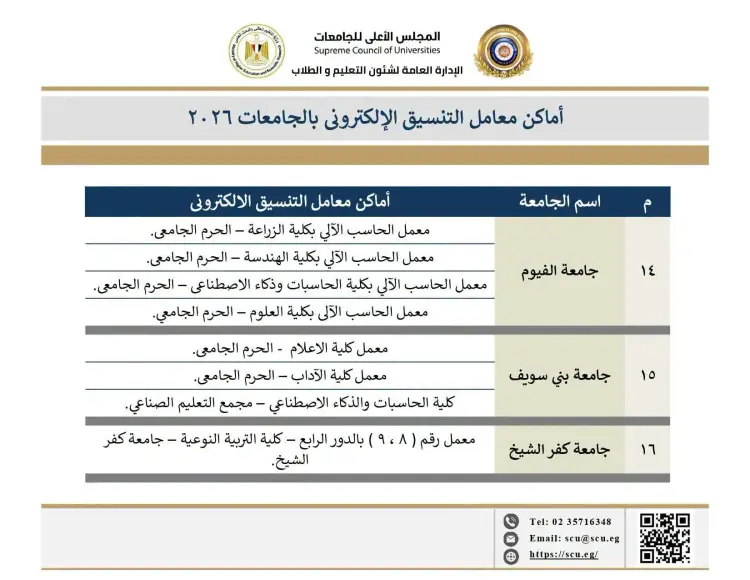 أماكن معامل التنسيق الإلكتروني بالجامعات 2026 2027 في الفيوم وبني سويف وكفر الشيخ - منهج مجاني