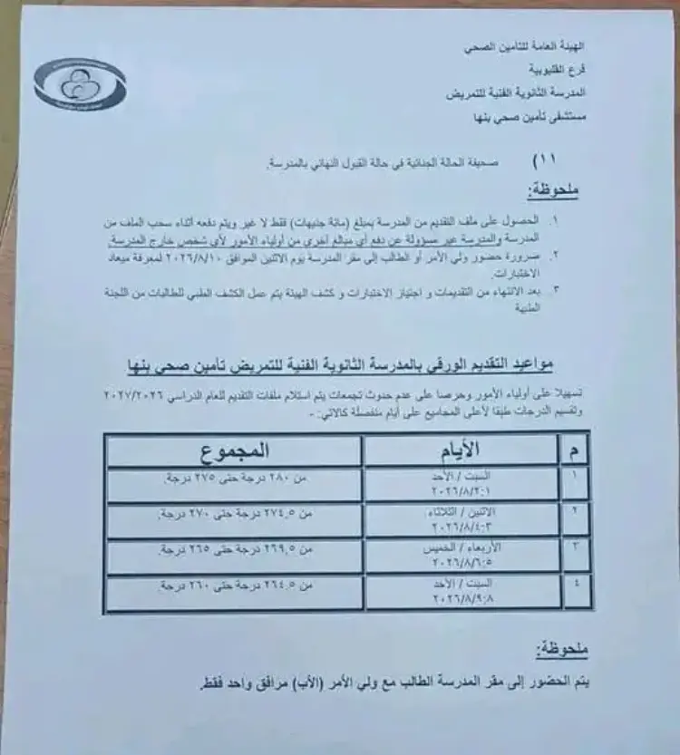 تنسيق مدارس التمريض بعد الاعدادية 2026 2027 بمحافظة القليوبية - منهج مجاني